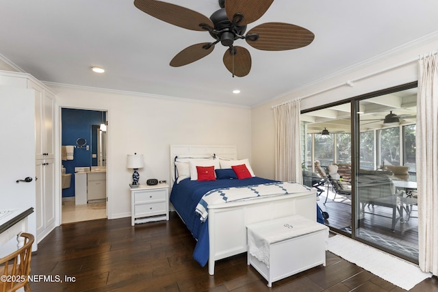 bedroom featuring ornamental molding, access to outside, ceiling fan, and dark wood-type flooring