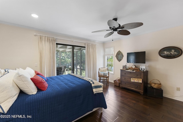 bedroom with access to exterior, ceiling fan, dark hardwood / wood-style flooring, and multiple windows