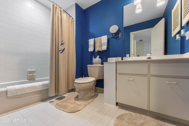 full bathroom with tile patterned flooring, vanity, toilet, and shower / bathtub combination with curtain