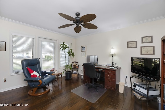 home office featuring ceiling fan, dark wood-type flooring, and ornamental molding