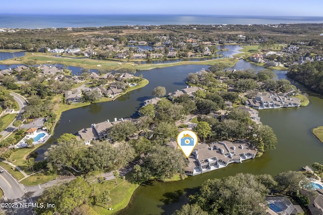 aerial view featuring a water view