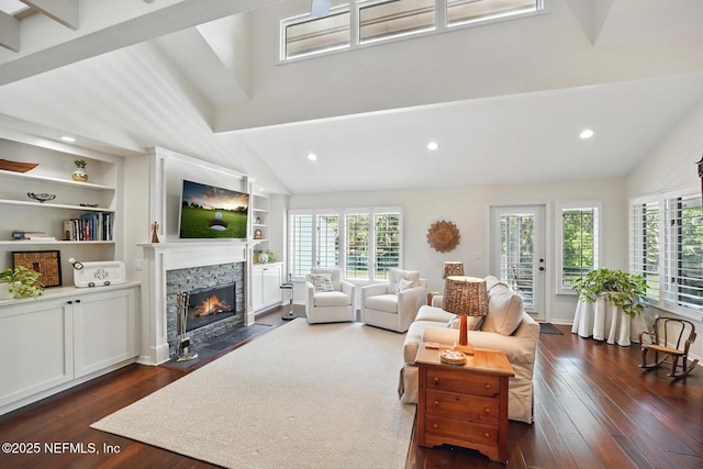 43 Little Bay Harbor Dr, Ponte Vedra Beach, FL 32082 - living room with lofted ceiling, a stone fireplace, dark wood-style flooring, recessed lighting, and built in features