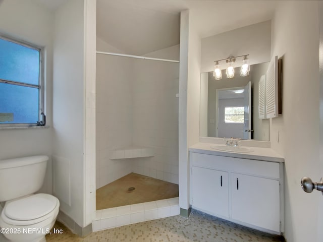 bathroom featuring a tile shower, vanity, and toilet