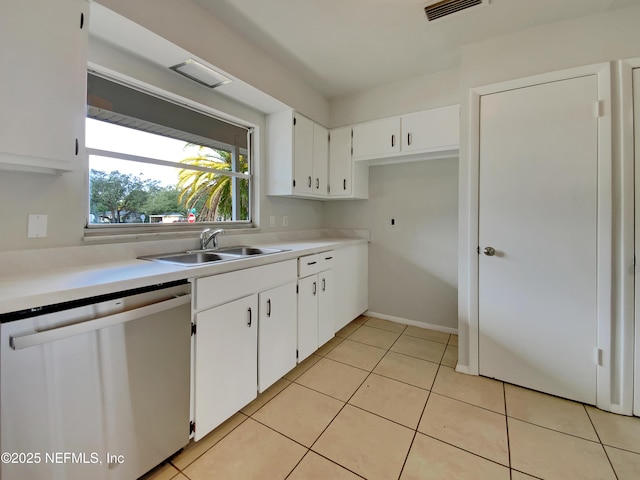 kitchen featuring sink, white cabinets, stainless steel dishwasher, and light tile patterned floors