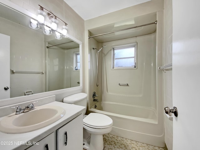 full bathroom with vanity,  shower combination, and toilet