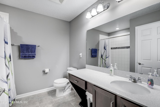 bathroom with walk in shower, a textured ceiling, vanity, tile patterned flooring, and toilet