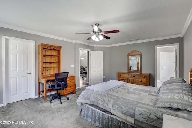 bedroom featuring carpet floors, ceiling fan, and crown molding