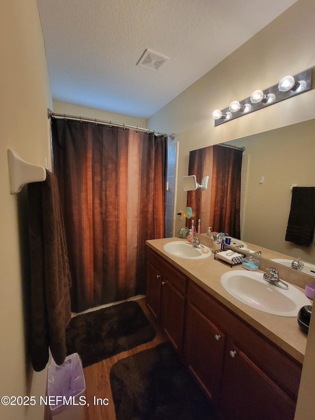 bathroom with vanity, wood-type flooring, and a textured ceiling