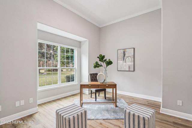 home office featuring crown molding and hardwood / wood-style flooring