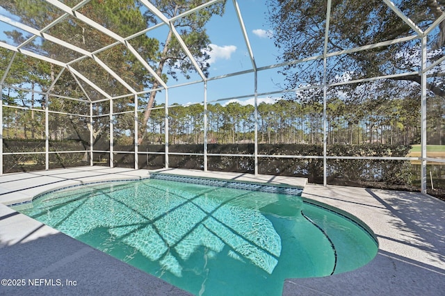 view of swimming pool with a lanai and a patio