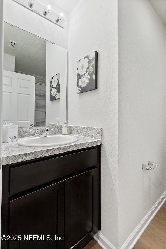 bathroom with hardwood / wood-style floors and vanity