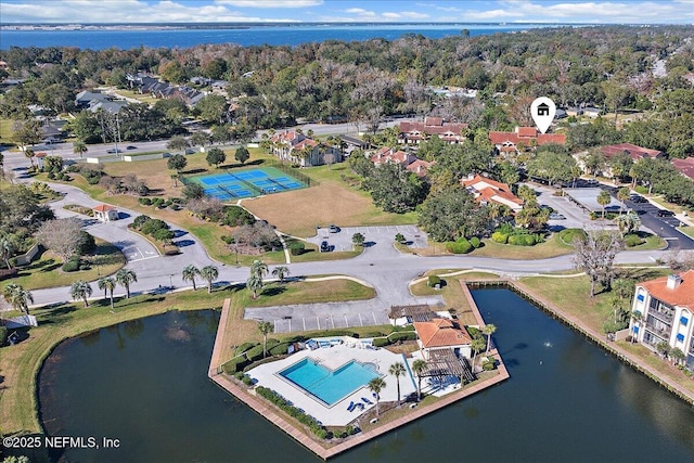 aerial view featuring a water view