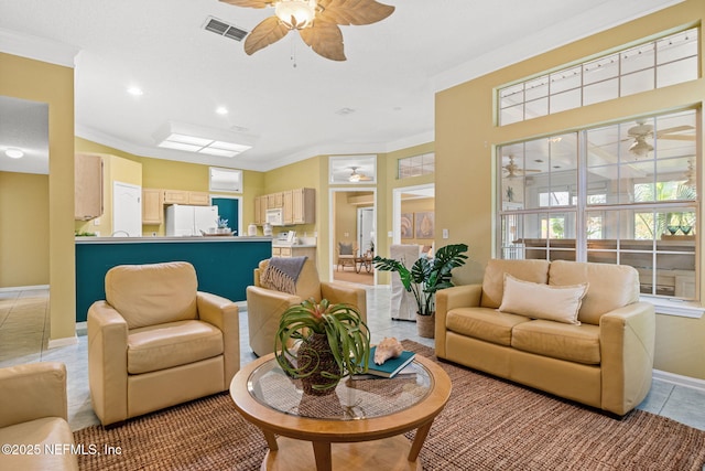 tiled living room with crown molding