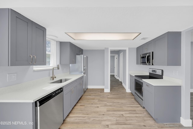 kitchen featuring stainless steel appliances, gray cabinets, and sink