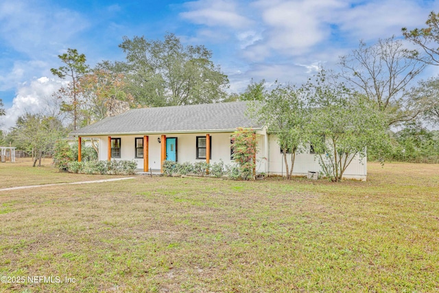 single story home with a porch and a front lawn