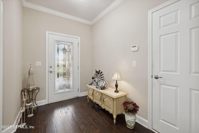 foyer entrance with dark hardwood / wood-style floors and crown molding