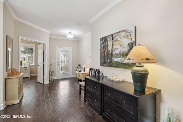 entryway featuring ornamental molding and dark wood-type flooring