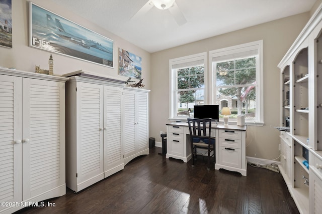 office area featuring ceiling fan and dark hardwood / wood-style floors