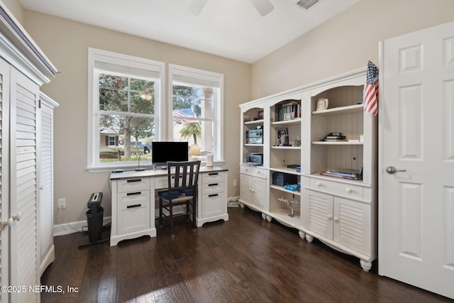 office area featuring dark hardwood / wood-style floors and ceiling fan