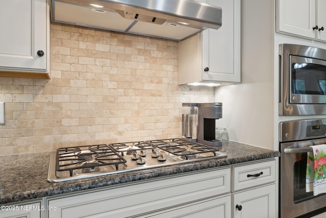 kitchen featuring tasteful backsplash, white cabinets, stainless steel appliances, and extractor fan