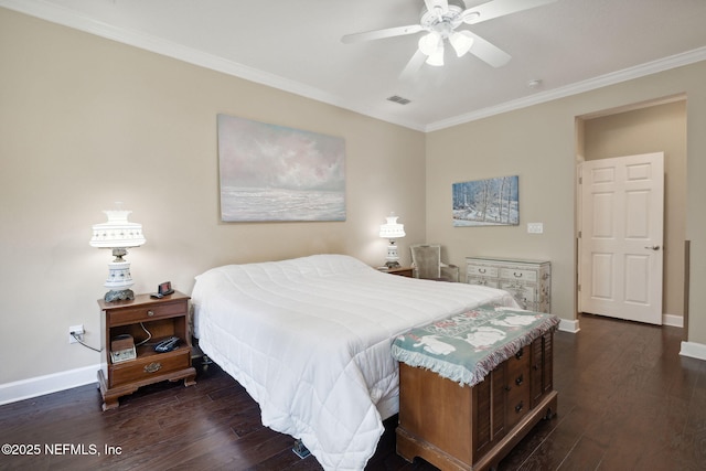 bedroom with ceiling fan, crown molding, and dark wood-type flooring