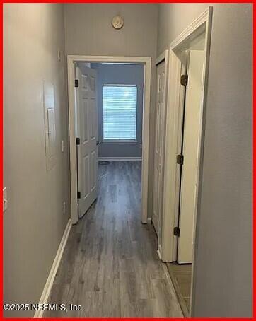 hallway featuring dark hardwood / wood-style flooring