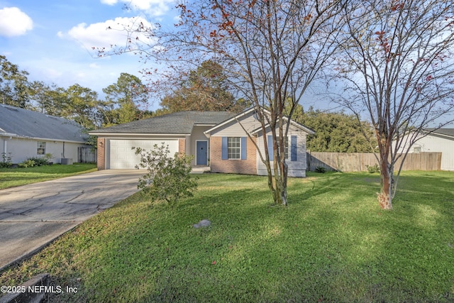 ranch-style house featuring a garage and a front lawn