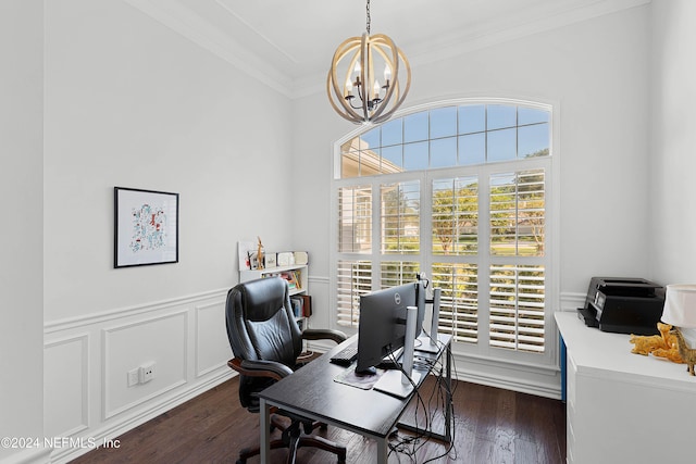 office featuring crown molding, dark wood-type flooring, a healthy amount of sunlight, and an inviting chandelier