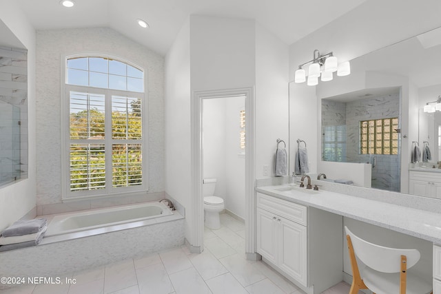 full bathroom with plus walk in shower, vanity, toilet, and vaulted ceiling