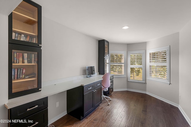 office space with dark wood-type flooring and built in desk