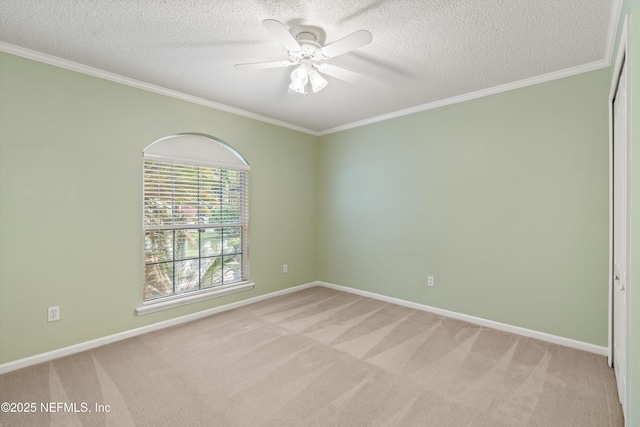 spare room featuring light carpet, ceiling fan, a textured ceiling, and ornamental molding