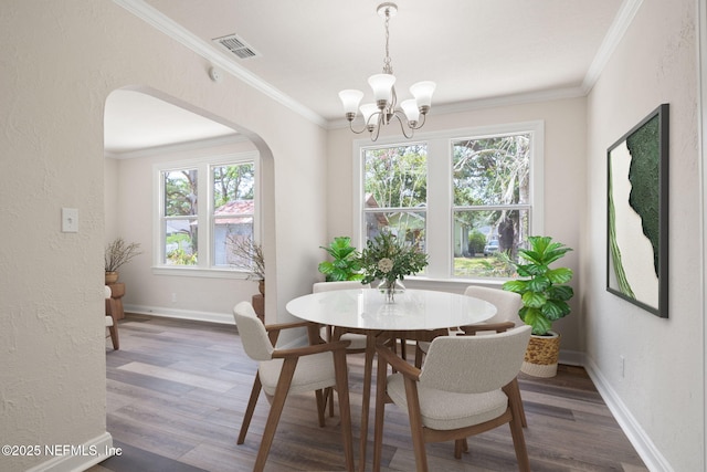 dining area featuring a chandelier, a wealth of natural light, and dark wood-type flooring