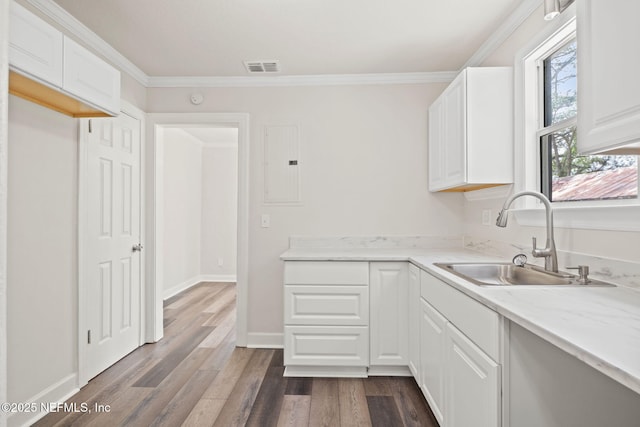 kitchen with electric panel, sink, ornamental molding, dark hardwood / wood-style flooring, and white cabinetry