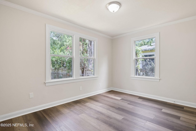 spare room with plenty of natural light, hardwood / wood-style floors, and ornamental molding