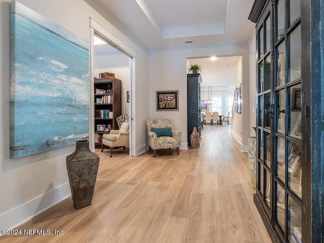 hall with a tray ceiling and hardwood / wood-style flooring