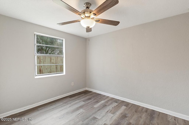 empty room with ceiling fan and light hardwood / wood-style flooring