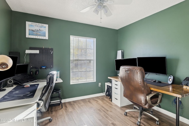 office space with ceiling fan, light hardwood / wood-style floors, and a textured ceiling