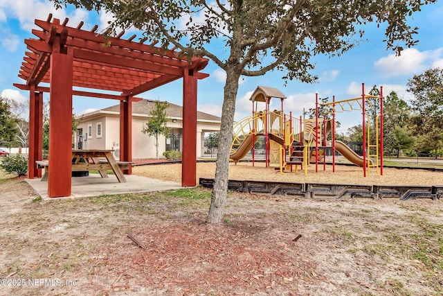 view of jungle gym with a pergola