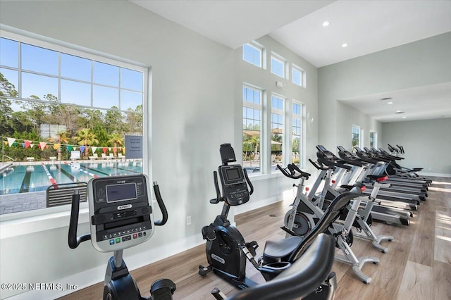 workout area featuring light hardwood / wood-style floors