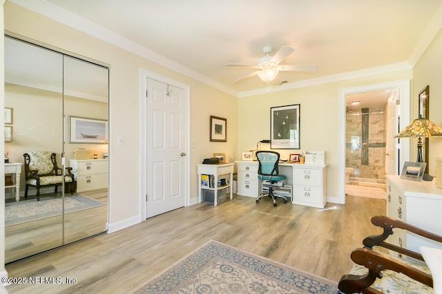 office with light hardwood / wood-style flooring, ceiling fan, and ornamental molding