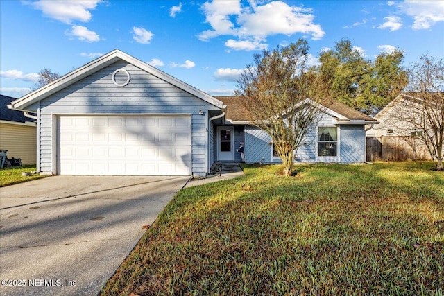 single story home with a front yard and a garage