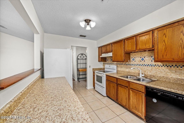 kitchen with dishwasher, sink, white electric range oven, tasteful backsplash, and light tile patterned floors