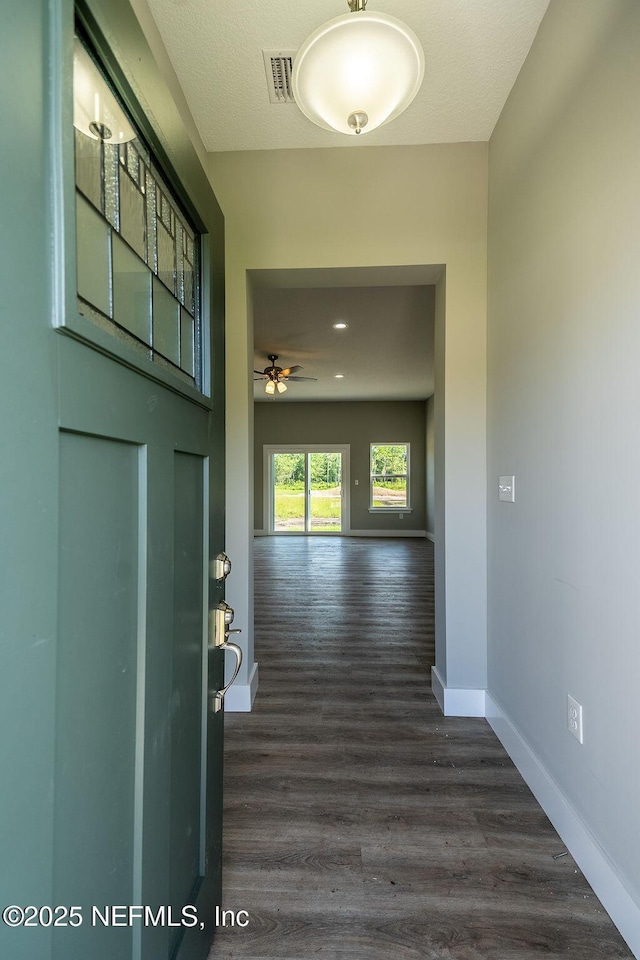 entryway featuring ceiling fan and dark hardwood / wood-style floors