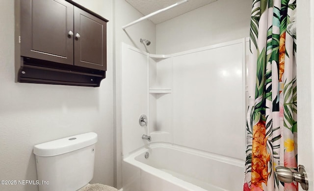 bathroom with shower / bathtub combination with curtain and toilet