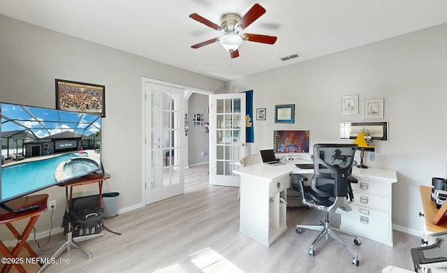 office featuring ceiling fan, french doors, and light wood-type flooring