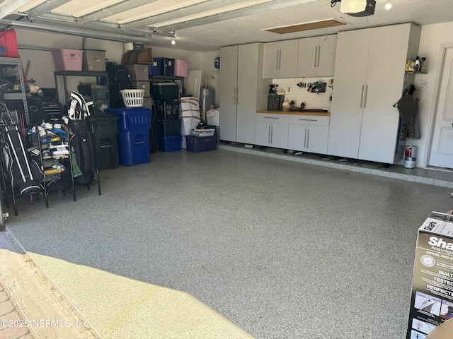 garage featuring a garage door opener and gas water heater