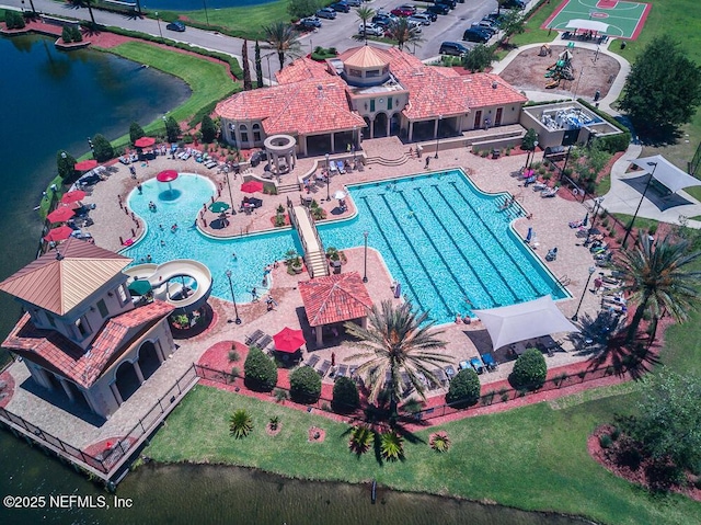 drone / aerial view featuring a water view