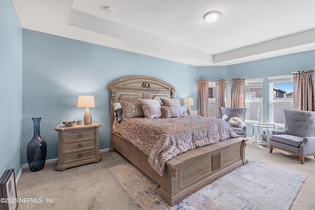 carpeted bedroom with a tray ceiling