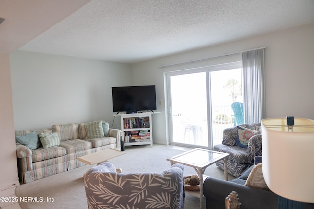 living room with a textured ceiling and carpet floors