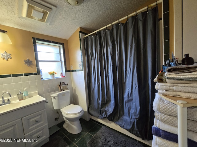 bathroom with walk in shower, tile patterned flooring, tile walls, and toilet